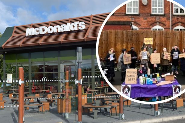 A file photo of a McDonald's restaurant/protesters gather in Stirchley in November 2024