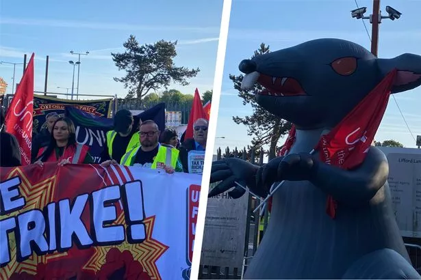 Protesters and a giant inflatable rat at the Birmingham bins strike 'megapicket' at Lifford Lane depot on Friday, May 9