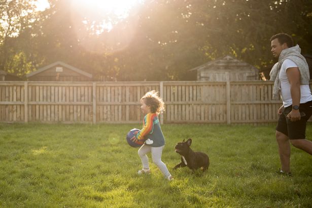 A toddler wearing a colourful top holds a football and runs alongside her father and dog in a sunny day in a public play park in Edinburgh, Scotland