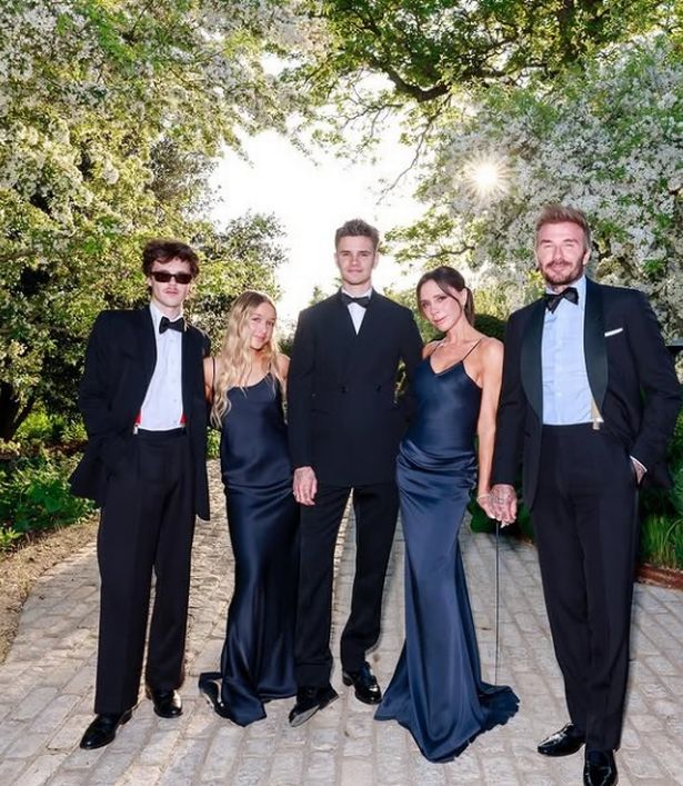 David and Victoria Beckham with their children Romeo, Cruz and Harper at his 50th birthday party