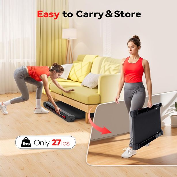 Person carrying treadmill and other putting it under a couch.