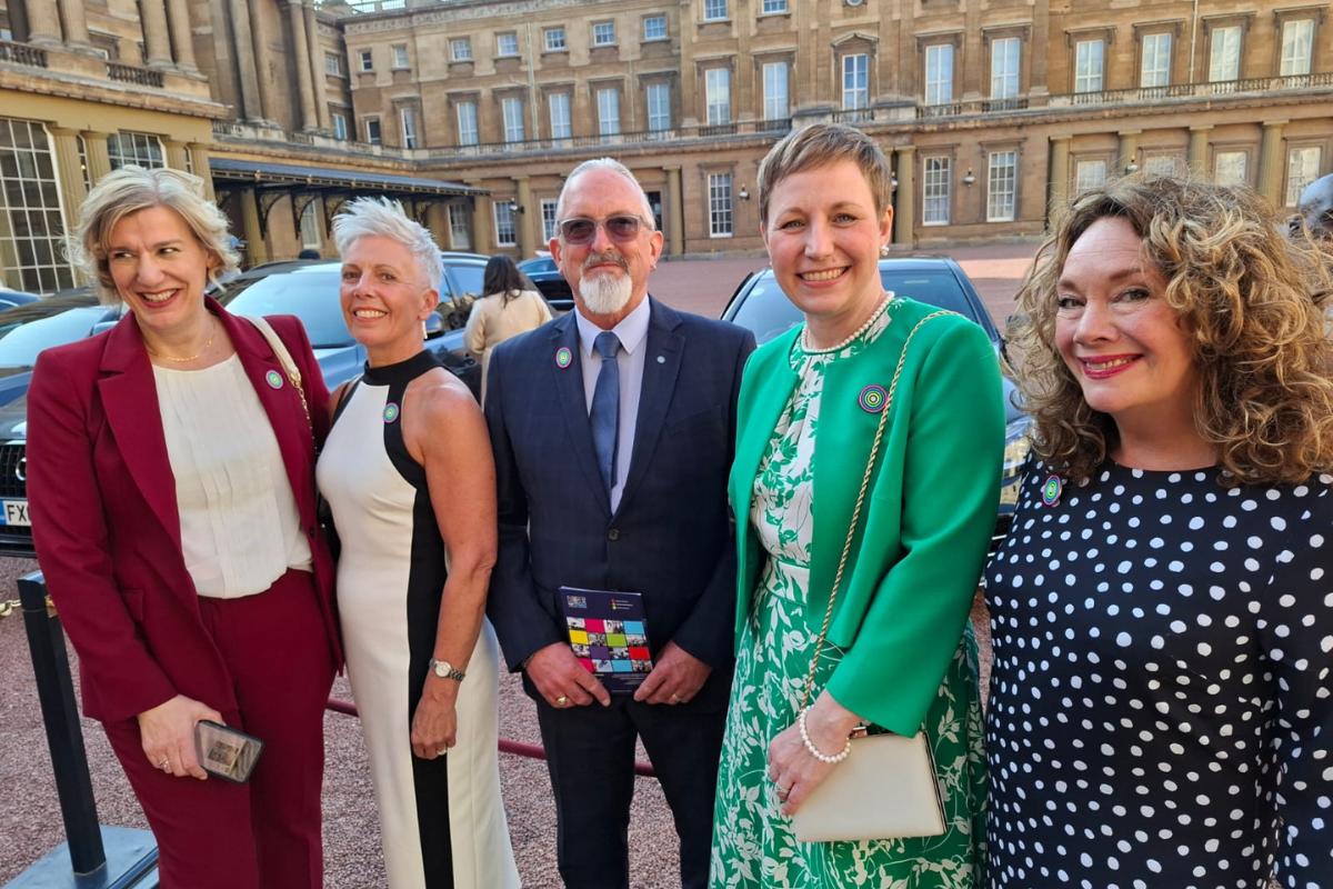 Left to right: CEO Tina Seymour, Jayne Foster, Bryan Baird, Rachel Mann, Emma Bowles at Buckingham Palace <i>(Image: Supplied)</i>