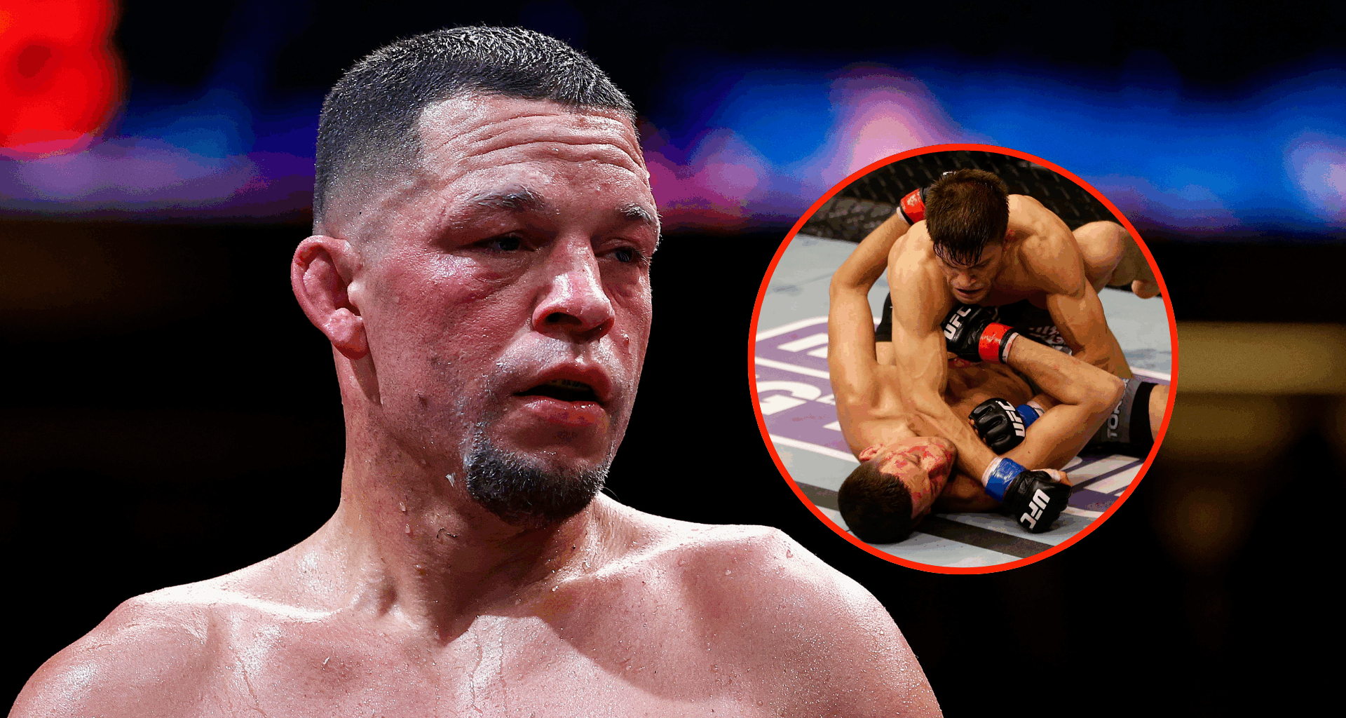 Nate Diaz following his boxing match with Jorge Masvidal and inset of Josh Thomson KO'ing Nate Diaz in 2013.