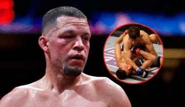 Nate Diaz following his boxing match with Jorge Masvidal and inset of Josh Thomson KO'ing Nate Diaz in 2013.