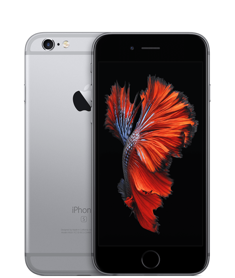 Silver iPhone 6s with a betta fish displayed on the screen.