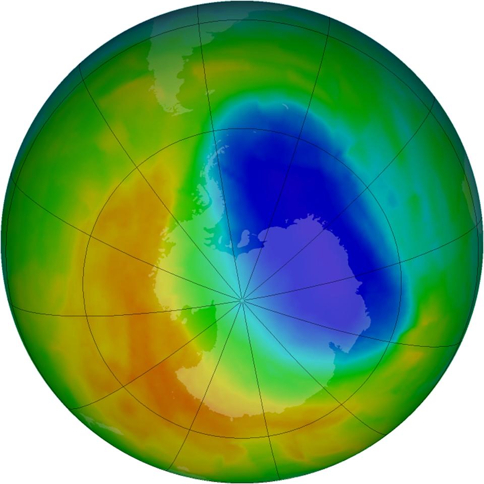 A false-color view of ozone over Antarctica is seen in an image released in 2012. The purple and blue colors are where there is the least ozone, and the yellows and reds are where there is more ozone. The hole in the ozone layer was discovered 40 years ago, in May 1985.