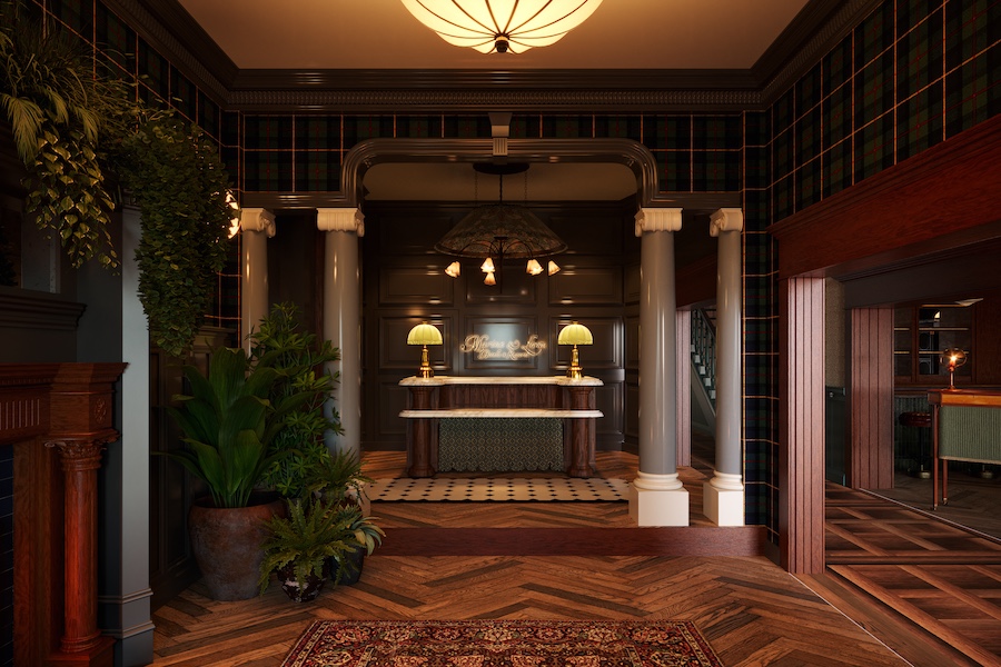 portrush adelphi northern ireland heritage maritime landscape golfing green tartan wallpaper lobby reception desk chevron wood flooring indoor plants