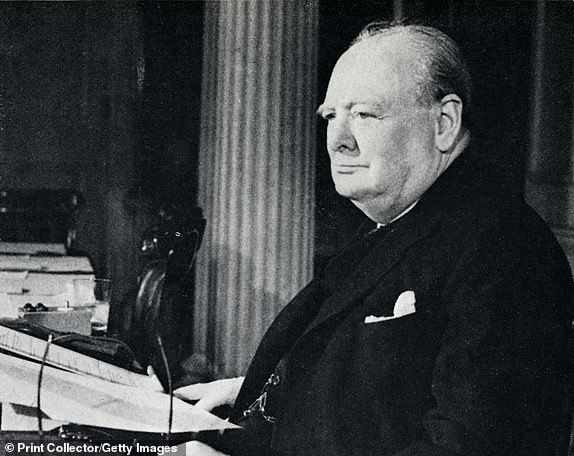 Happiest announcement for five years. The Prime Minister broadcasts the glad news. V.E. Day was here. War with Germany was over - and won', 1945. Winston Churchill making his VE Day radio broadcast from 10 Downing Street, 8th May, 1945. From Winston Churchill: Man of Destiny, by H. Stafford Northcote. [Newnes, London, 1965] (Photo by Print Collector/Getty Images)