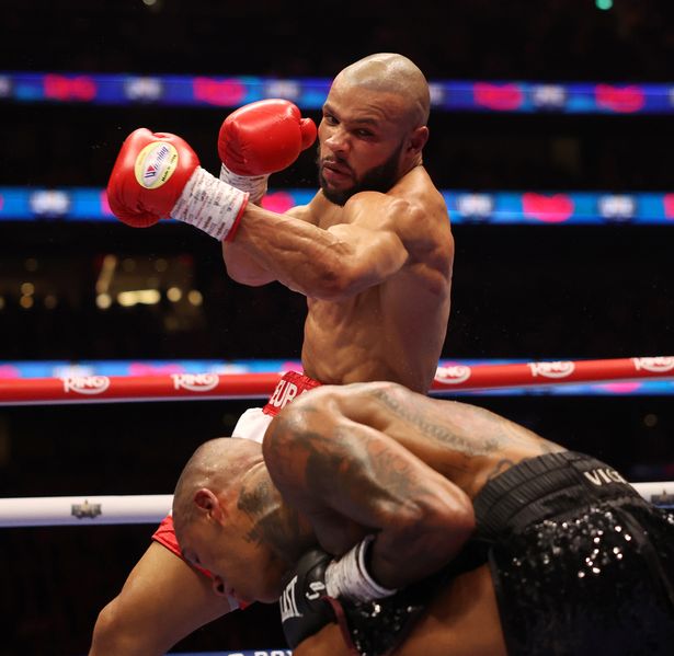 Chris Eubank Jr (white shorts) fights Conor Benn during their Middleweight contest at Tottenham Hotspur Stadium on April 26, 2025 in London, England