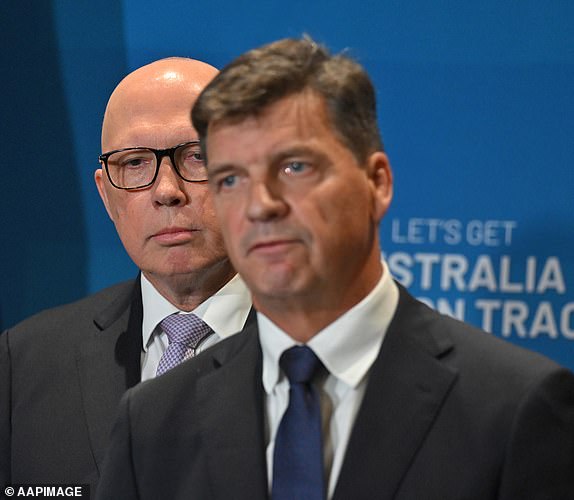 Leader of the Opposition Peter Dutton and Shadow Treasurer Angus Taylor at a press conference in Prestons, in western Sydney on day 11 of his 2025 Federal Election Campaign in the seat of Werriwa, Tuesday, April 8, 2025. (AAP Image/Mick Tsikas) NO ARCHIVING