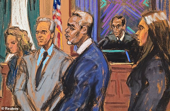 Sean "Diddy" Combs stands with his attorneys before U.S. District Judge Arun Subramanian to observe the pool of potential jurors entering for his sex trafficking trial in New York City, New York, U.S., May 5, 2025 in this courtroom sketch. REUTERS/Jane Rosenberg