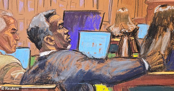 Sean "Diddy" Combs sits between his attorneys Brian Steel and Teny Geragos as jury selection got underway at his sex trafficking trial in New York City, New York, U.S., May 5, 2025 in this courtroom sketch. REUTERS/Jane Rosenberg