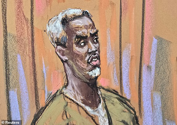 Sean 'Diddy' Combs reacts during a hearing ahead of his trial on sex trafficking charges at U.S. Court in New York City, U.S., May 1, 2025, in this courtroom sketch. REUTERS/Jane Rosenberg