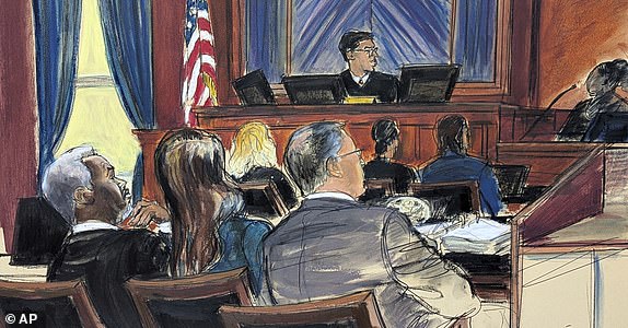 Sean 'Diddy' Combs, far left, looks on from the defense table with his attorneys, as a prospective juror, far right, answers questions posed by Judge Arun Subramanian, center, at Manhattan federal court, Monday, May 5, 2025, in New York. (Elizabeth Williams via AP)