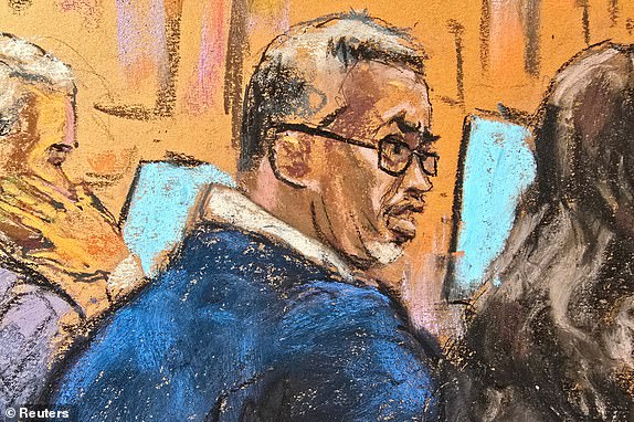 Sean "Diddy" Combs sits as jury selection continues at his sex trafficking trial in New York City, New York, U.S., May 6, 2025 in this courtroom sketch. REUTERS/Jane Rosenberg
