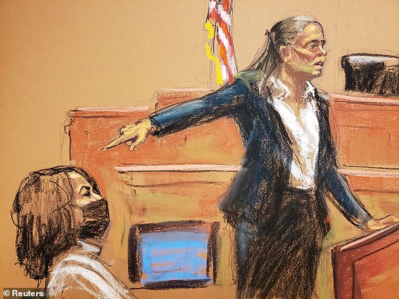 Maurene Comey points at Ghislaine Maxwell as she delivers the rebuttal argument for the government during the trial of Maxwell, the Jeffrey Epstein associate accused of sex trafficking, in a courtroom sketch in New York City, U.S., December 20, 2021. REUTERS/Jane Rosenberg     TPX IMAGES OF THE DAY