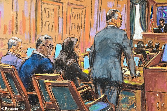 Sean "Diddy" Combs sits before U.S. District Judge Arun Subramanian as his lawyer Marc Agnifilo stands arguing to strike a potential jurors at Combs' sex trafficking trial in New York City, New York, U.S., May 6, 2025 in this courtroom sketch. REUTERS/Jane Rosenberg