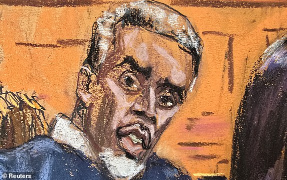 Sean "Diddy" Combs sits with his legal team as U.S. District Judge Arun Subramanian interviews potential jurors at the start of his sex trafficking trial in New York City, New York, U.S., May 5, 2025 in this courtroom sketch. REUTERS/Jane Rosenberg
