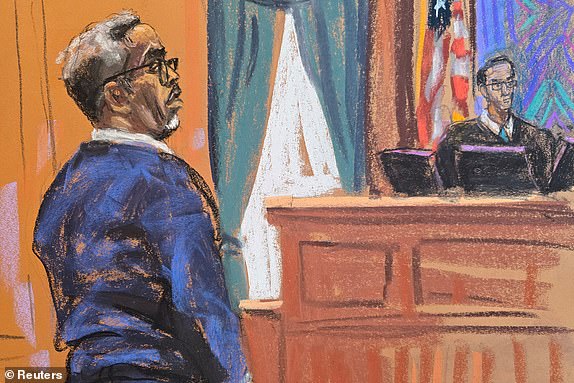 Sean "Diddy" Combs stands wearing glasses before U.S. District Judge Arun Subramanian as jury selection got underway at the start of his sex trafficking trial in New York City, New York, U.S., May 5, 2025 in this courtroom sketch. REUTERS/Jane Rosenberg