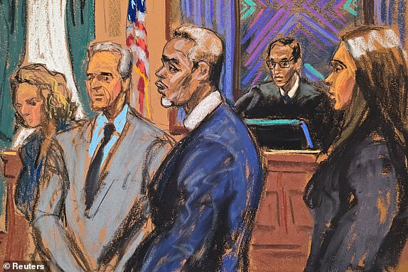 Sean "Diddy" Combs stands with his attorneys before U.S. District Judge Arun Subramanian to observe the pool of potential jurors entering for his sex trafficking trial in New York City, New York, U.S., May 5, 2025 in this courtroom sketch. REUTERS/Jane Rosenberg