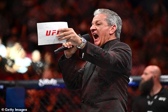 MONTREAL, QUEBEC - MAY 10: Announcer Bruce Buffer speaks prior to a women's flyweight title bout between Valentina Shevchenko of Kyrgyzstan and Manon Fiorot of France during UFC 315 at Bell Centre on May 10, 2025 in Montreal, Quebec. (Photo by Minas Panagiotakis/Getty Images)