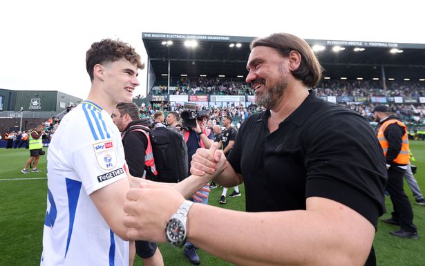 Leeds United manager Daniel Farke and Sam Byram celebrate being crowned champions following the Sky Bet Championship match at Home Park, Plymouth. Picture date: Saturday May 3, 2025. PA Photo. See PA story SOCCER Plymouth. Photo credit should read: Steven Paston/PA Wire.
