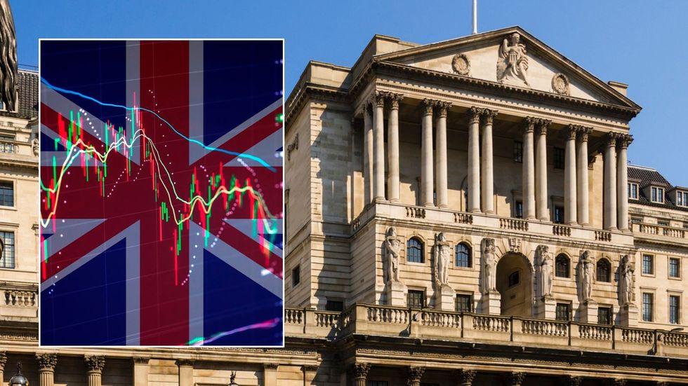 Bank of England and interest rate graph with the Bank of England behind it
