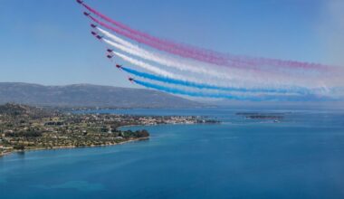 The precision flying team took to the skies over Evia island in Greece last week as part of their 'Exercise Springhawk spring training. Photo: Emily Muir/RAF/SWNS