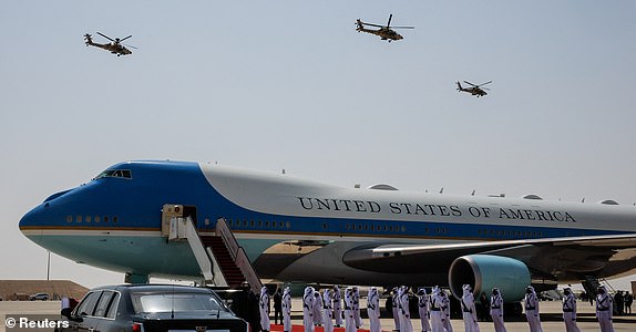 Qatari military aircraft perform a flyover before U.S. President Donald Trump departs on Air Force One from Al Udeid Air Base, en-route to Abu Dhabi, United Arab Emirates, in Doha, Qatar, May 15, 2025. REUTERS/Brian Snyder