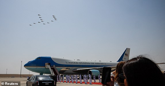 Qatari military aircraft perform a flyover before U.S. President Donald Trump boards Air Force One as he departs Al Udeid Air Base, en-route to Abu Dhabi, United Arab Emirates, in Doha, Qatar, May 15, 2025. REUTERS/Brian Snyder