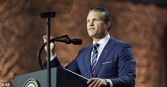 U.S. Secretary of Defense Pete Hegseth speaks at the Al Udeid Air Base, Thursday, May 15, 2025, in Doha, Qatar. (AP Photo/Alex Brandon)