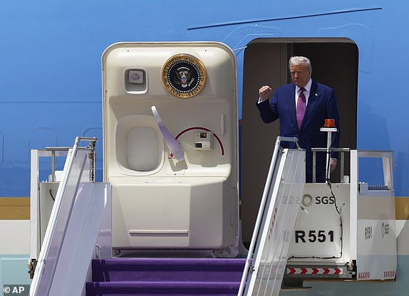 President Donald Trump arrives on Air Force One at King Khalid International Airport Royal Terminal in Riyadh, Saudi Arabia, Tuesday, May 13, 2025 . (AP Photo/Alex Brandon)
