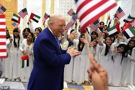 President Donald Trump and UAE President Mohammed bin Zayed Al Nahyan arrive at Qasr Al Watan, Thursday, May 15, 2025, in Abu Dhabi, United Arab Emirates. (AP Photo/Alex Brandon)