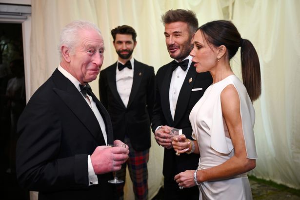 King Charles III, David Beckham and Victoria Beckham during a dinner at Highgrove House on February 07, 2025 in Tetbury, England