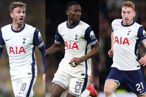 A three-image collage displaying vertical images, from left to right, of Tottenham Hotspur trio James Maddison, Pape Matar Sarr and Dejan Kulusevski.