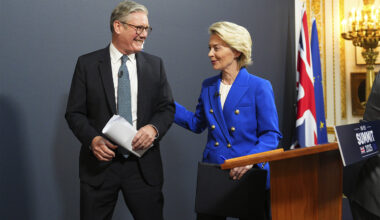 Keir Starmer and Ursula von der Leyen walking off stage together at a press conference.