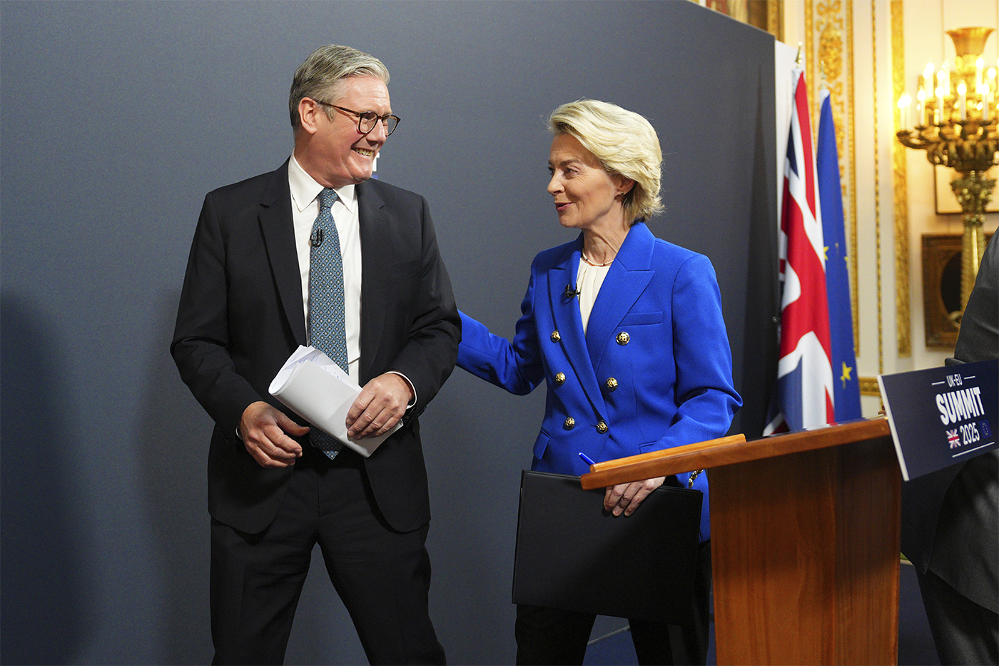 Keir Starmer and Ursula von der Leyen walking off stage together at a press conference.