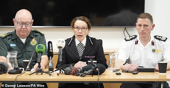(left to right) North West Ambulance Service's Dave Kitchin, Merseyside Police's Assistant Chief Constable Jenny Sims and Nick Searle, chief fire officer for Merseyside Fire and Rescue Service during a press conference at the Cunard Building in Liverpool, after a 53-year-old white British man was arrested after a car ploughed into a crowd of people during Liverpool FC's Premier League victory parade. Picture date: Monday May 26, 2025. PA Photo. See PA story POLICE Liverpool. Photo credit should read: Danny Lawson/PA Wire