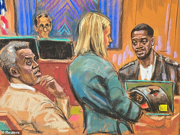 Prosecutor Emily Johnson questions rapper Kid Cudi as he testifies at Sean "Diddy" Combs' sex trafficking trial in New York City, New York, U.S., May 22, 2025 in this courtroom sketch. REUTERS/Jane Rosenberg