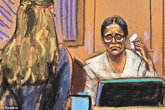 Sean "Diddy" Combs' former assistant Capricorn Clark is questioned by Assistant U.S. Attorney Mitzi Steiner at Combs' sex trafficking trial in New York City, New York, U.S., May 27, 2025 in this courtroom sketch. REUTERS/Jane Rosenberg