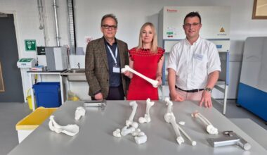 From left, Professor Richard M Hall, Professor Alice Roberts, and Professor Michael Bryant in a specialist tissue testing laboratory.