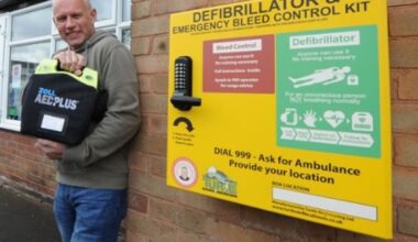 Councillor Stuart Henley with a defibrillator in Halesowen
