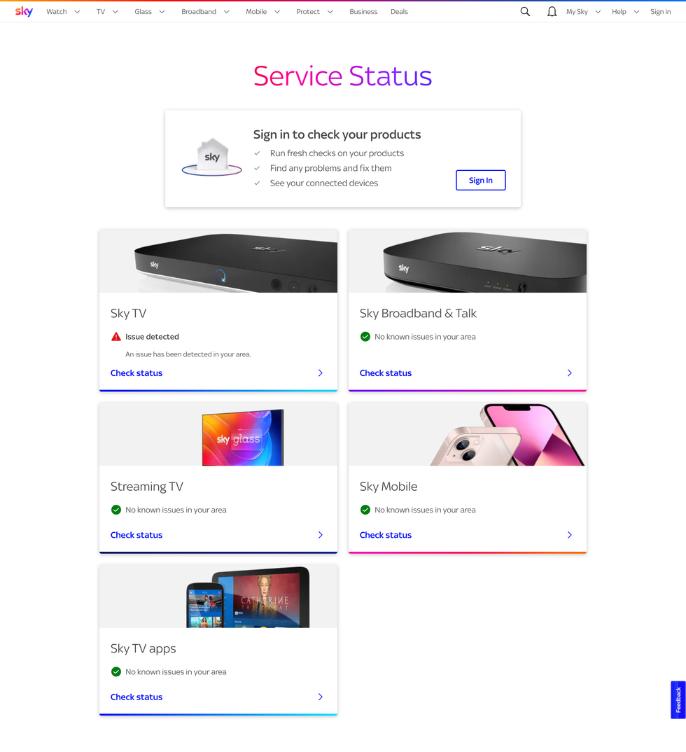 screenshot of the sky server status dashbaord