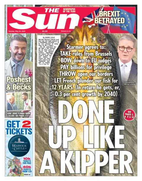 The headline on the front page of the Sun reads: "Done up like a kipper".