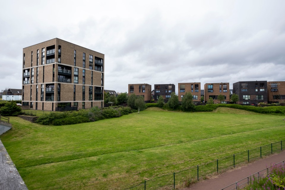 Apartment buildings and grassy field.