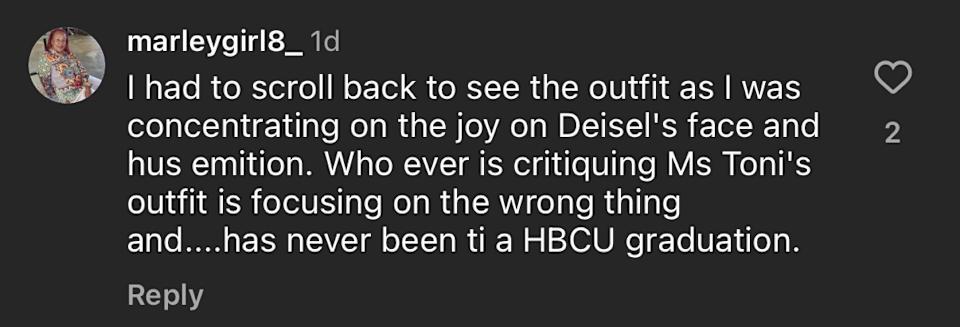 Comment discussing an outfit at a graduation, mentioning focus on joy and emotion, and critiquing misconceptions about HBCU graduations