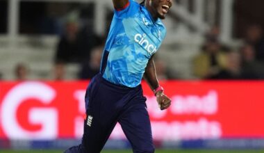 Jofra Archer celebrates a wicket with his arm in the air