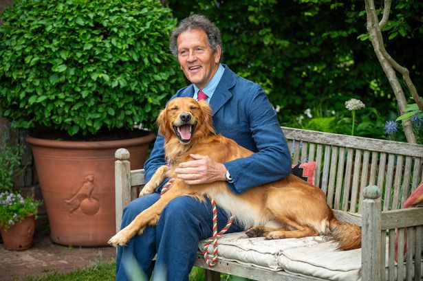 Monty Don has an informal moment with his Golden Retriever Ned on the RHS and BBC Radio 2 Dog Garden at RHS Chelsea on May 19, 2025.