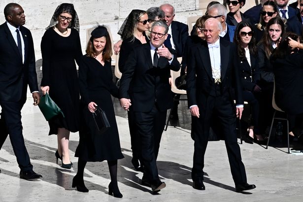 British Prime Minister Keir Starmer and his wife Victoria Starmer arrive at the funeral of Pope Francis 