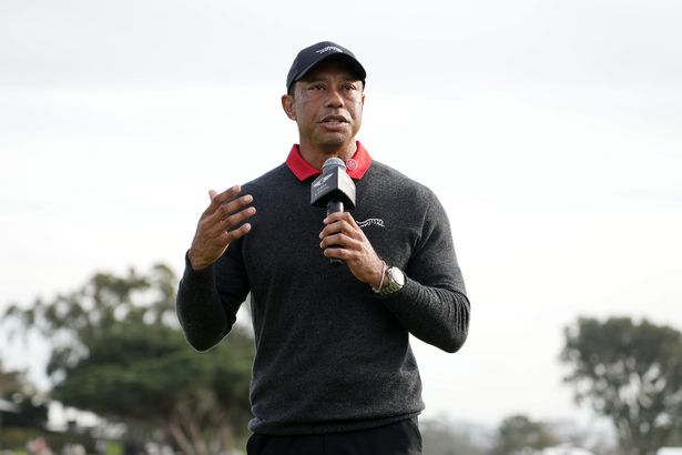 Tiger Woods speaks to the crowd during the trophy ceremony after the final round of The Genesis Invitational 2025 at Torrey Pines Golf Course on February 16, 2025 in La Jolla, California. (Photo by Michael Owens/Getty Images)